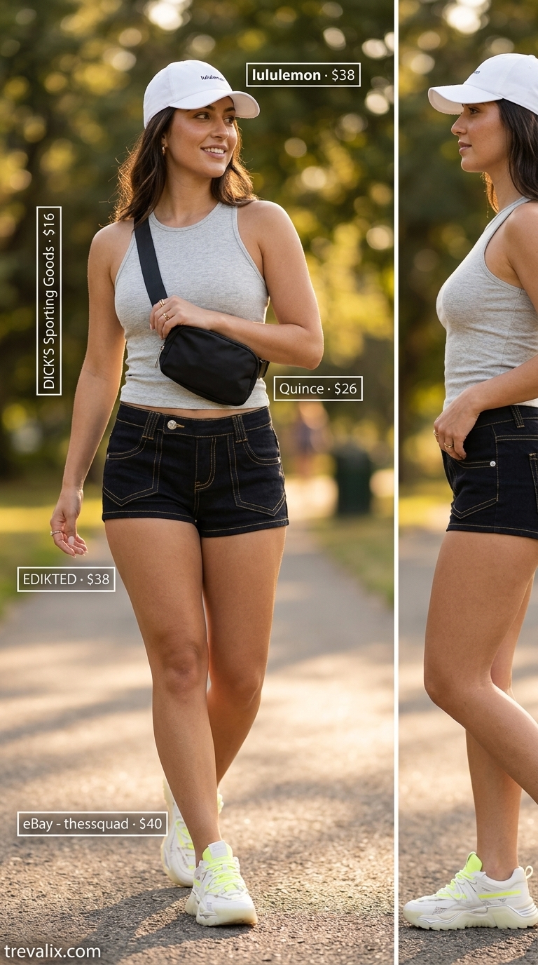 Athleisure Park Stroll outfit with elastic-waist denim shorts, tank top, and fashion sneakers. Trendy summer denim shorts for women 2026.