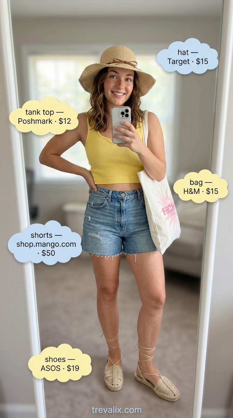 Backyard BBQ outfit: mid-blue frayed denim shorts, yellow tank top, straw hat, espadrilles, canvas tote.