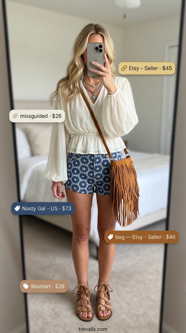 Bohemian festival outfit: indigo embroidered denim shorts, ecru peasant blouse, suede fringe bag, gladiator sandals.