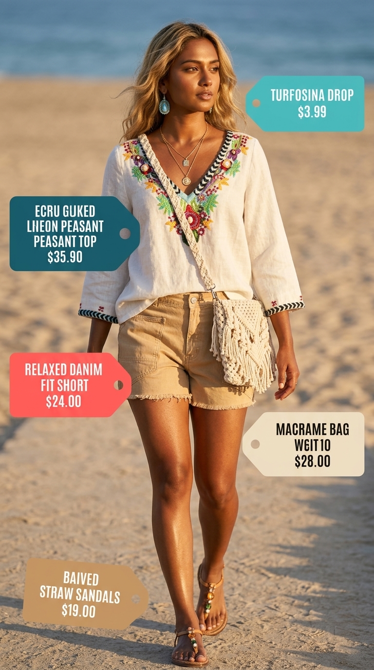 Boho Beach Day outfit with ecru denim shorts, embroidered blouse, and macrame bag. Trendy summer denim shorts for women 2026.