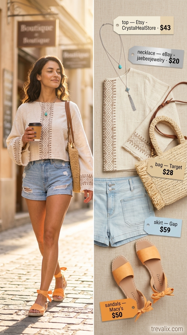 Boho Festival Spirit outfit with light wash denim shorts, peasant blouse, and espadrilles. Trendy summer denim shorts for women 2026.