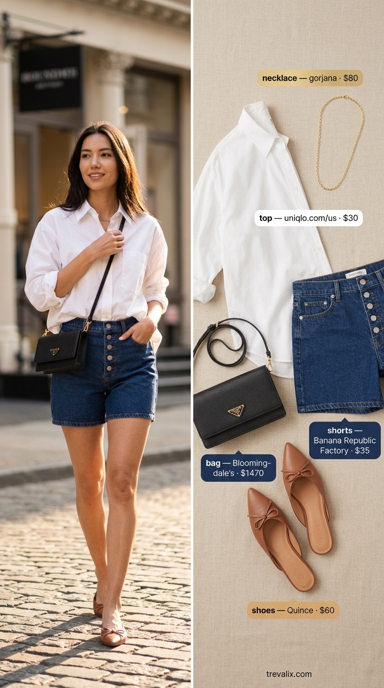 City Chic Brunch outfit with dark indigo denim shorts, crisp white shirt, and camel mules. Trendy summer denim shorts for women 2026.