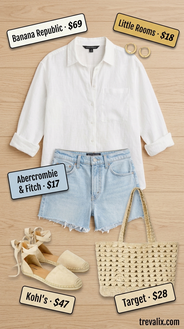 Coastal brunch outfit: light blue denim cutoff shorts, white linen shirt, straw tote, espadrilles, gold hoops.