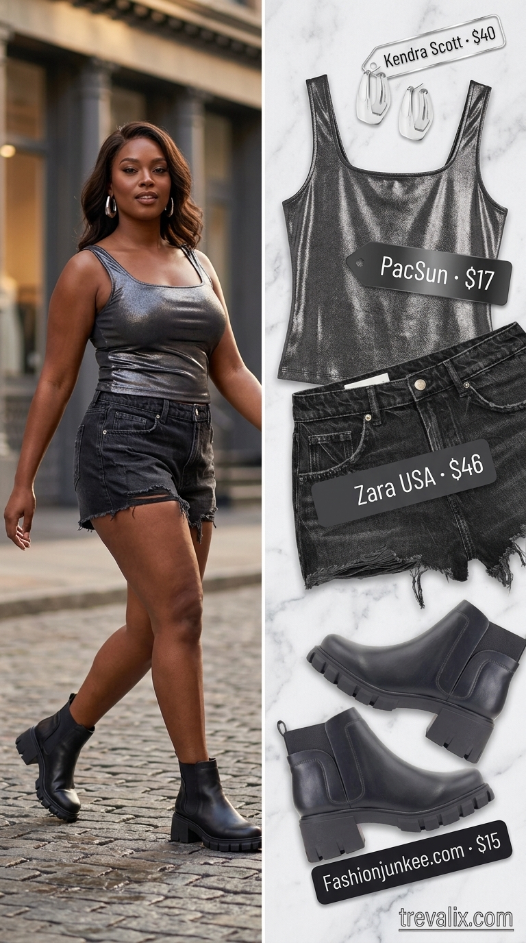 Edgy Summer Night outfit with black distressed denim shorts, metallic knit crop top, and ankle boots. Trendy summer denim shorts for women 2026.