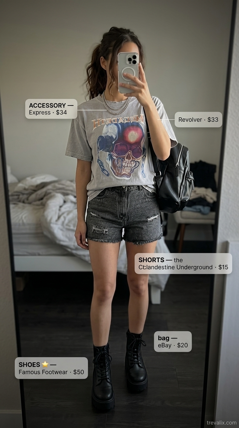 Trendy summer denim shorts for women 2026: Distressed black denim shorts with band tee and combat boots for an edgy look.