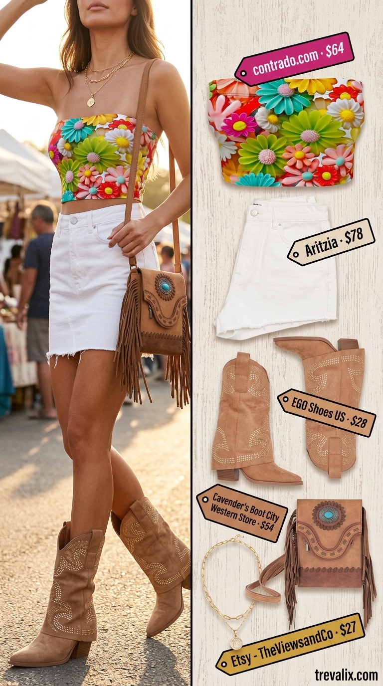 Trendy summer denim shorts for women 2026: Distressed white denim shorts with paisley bandeau top for festival glam.