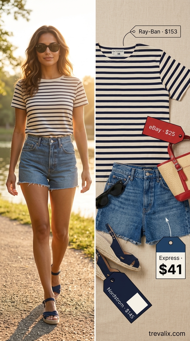 Trendy summer denim shorts for women 2026: White high-waisted denim shorts with raw hem, Breton tee, espadrilles for a lakeside getaway.
