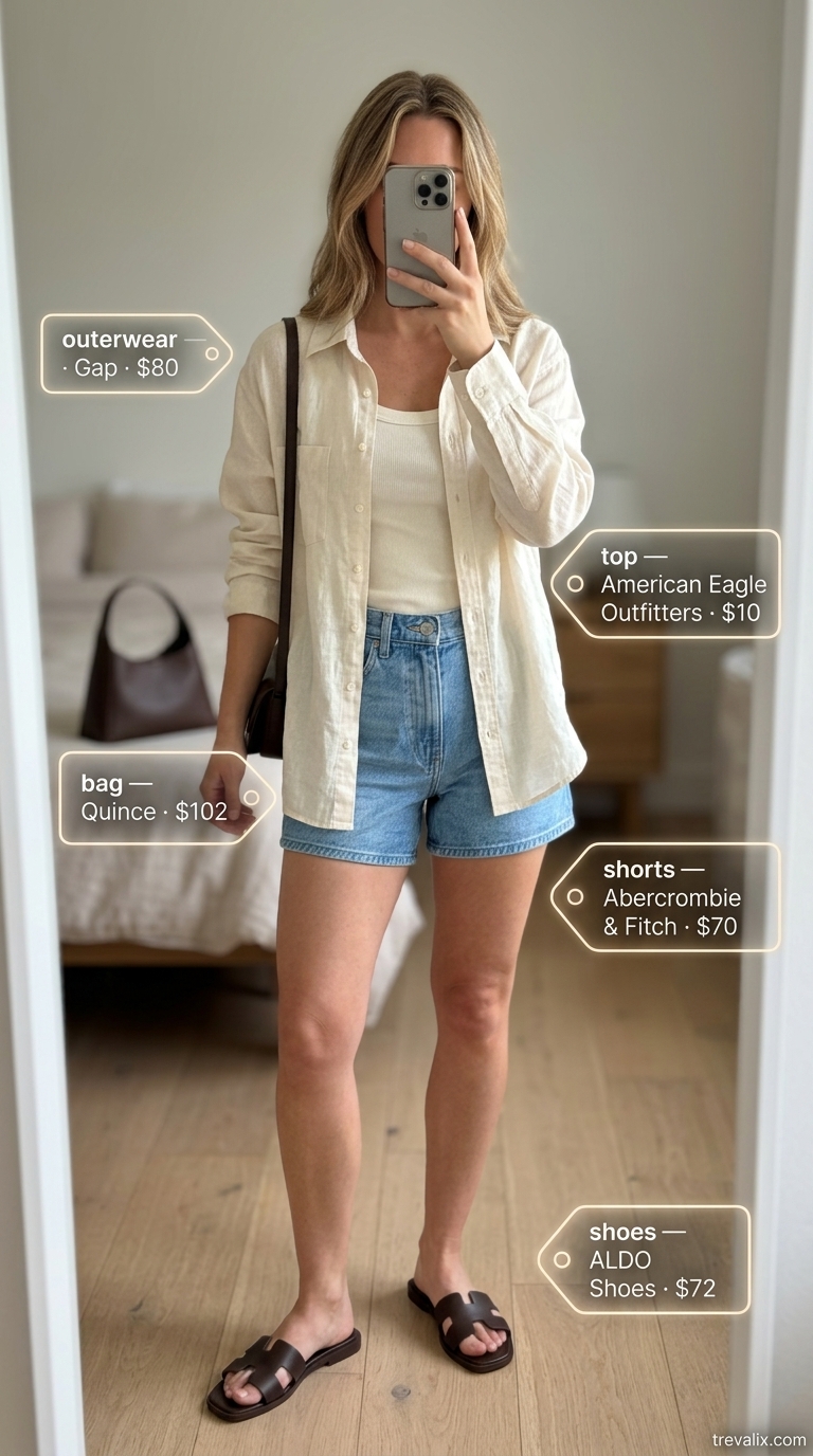 Minimalist City Explorer outfit with light wash dad shorts, linen shirt, and leather slides. Trendy summer denim shorts for women 2026.