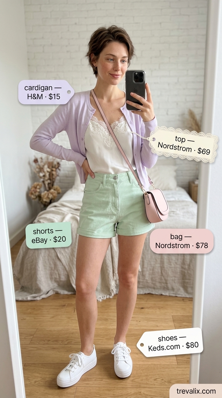 Pastel picnic outfit: mint green denim shorts, lavender cardigan, white camisole, white sneakers, pink crossbody bag.