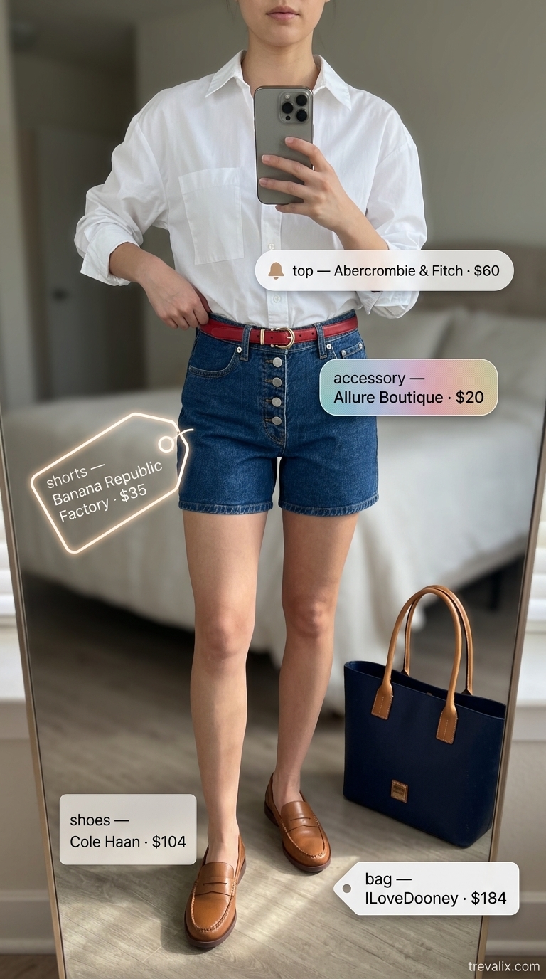 Preppy brunch outfit: dark blue tailored denim shorts, white button-down shirt, red belt, loafers, structured tote.