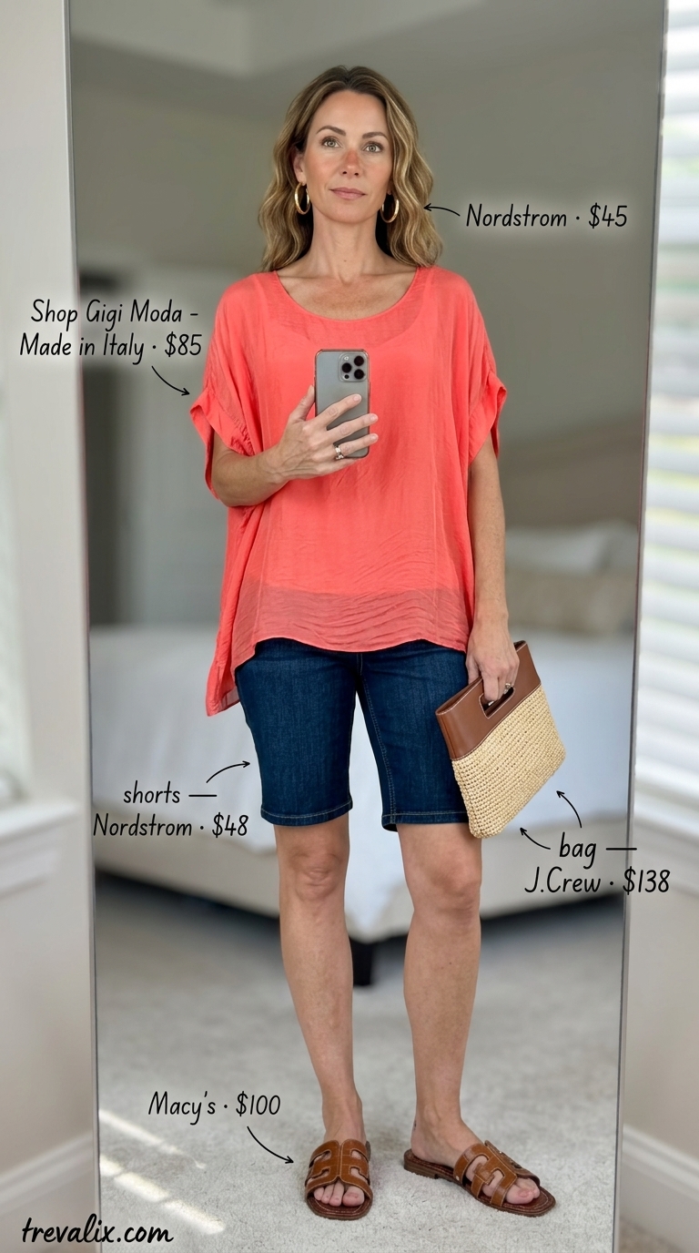 Resort escape outfit: indigo Bermuda shorts, coral caftan top, raffia clutch, leather slides, gold hoops.