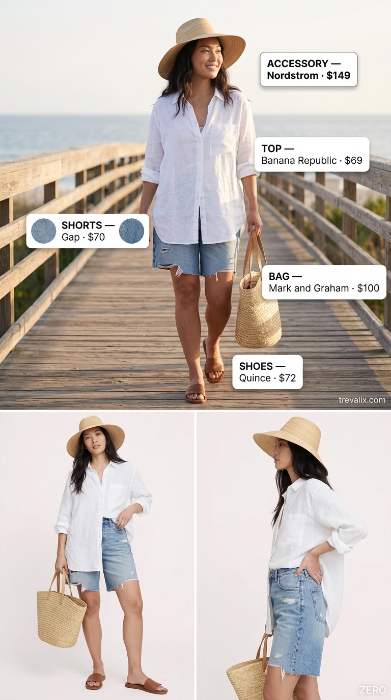 Trendy summer denim shorts for women 2026: Light wash Bermuda shorts with oversized linen shirt for resort retreat.