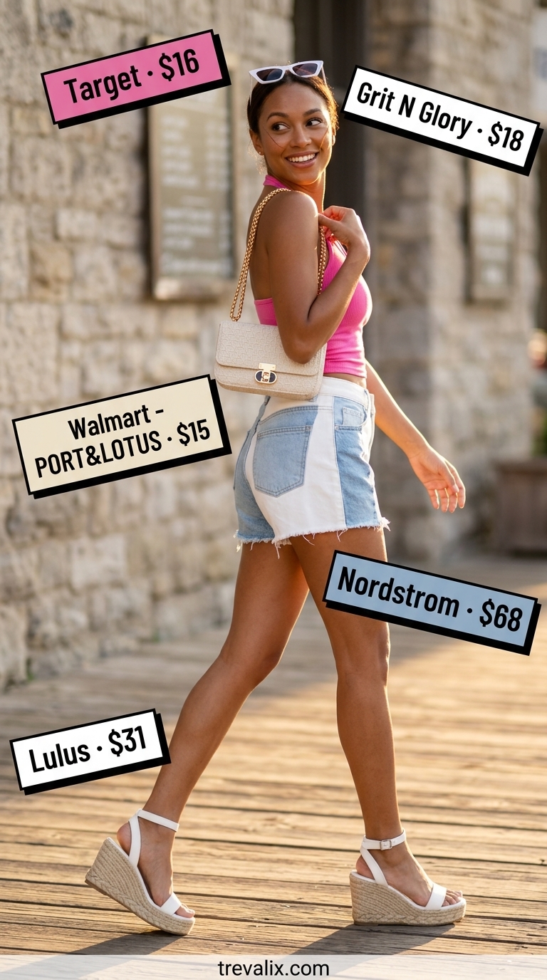 Trendy summer denim shorts for women 2026: Patchwork denim shorts with hot pink halter top for a retro poolside vibe.