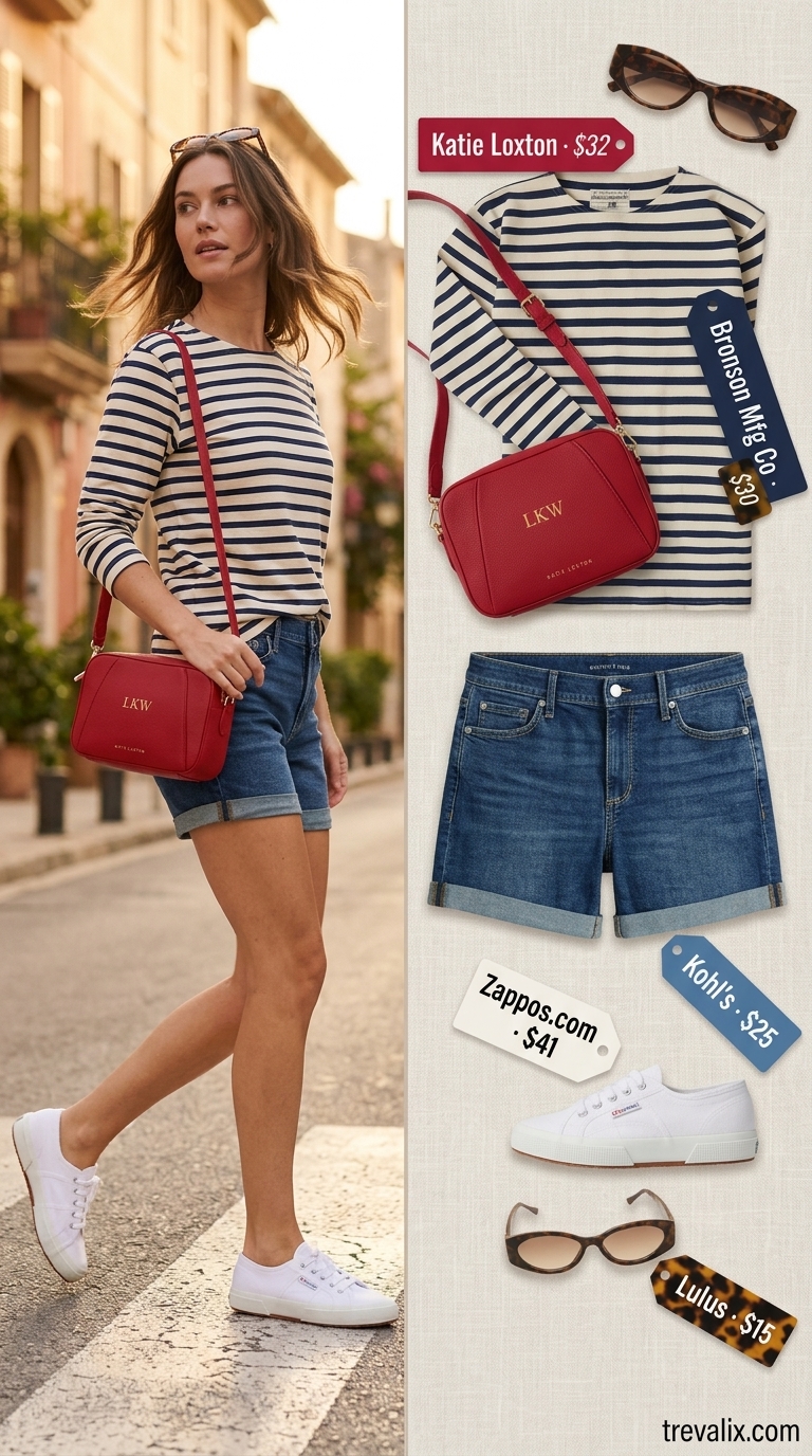 Riviera retreat outfit: medium blue denim shorts, Breton stripe top, white sneakers, crossbody bag, cat-eye sunglasses.