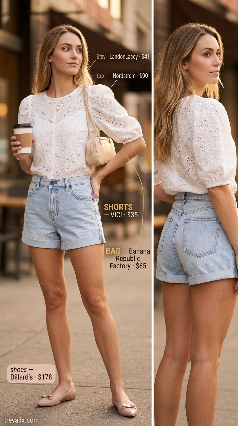 Trendy summer denim shorts for women 2026: Light wash cuffed denim shorts with puff-sleeve top for a romantic picnic.