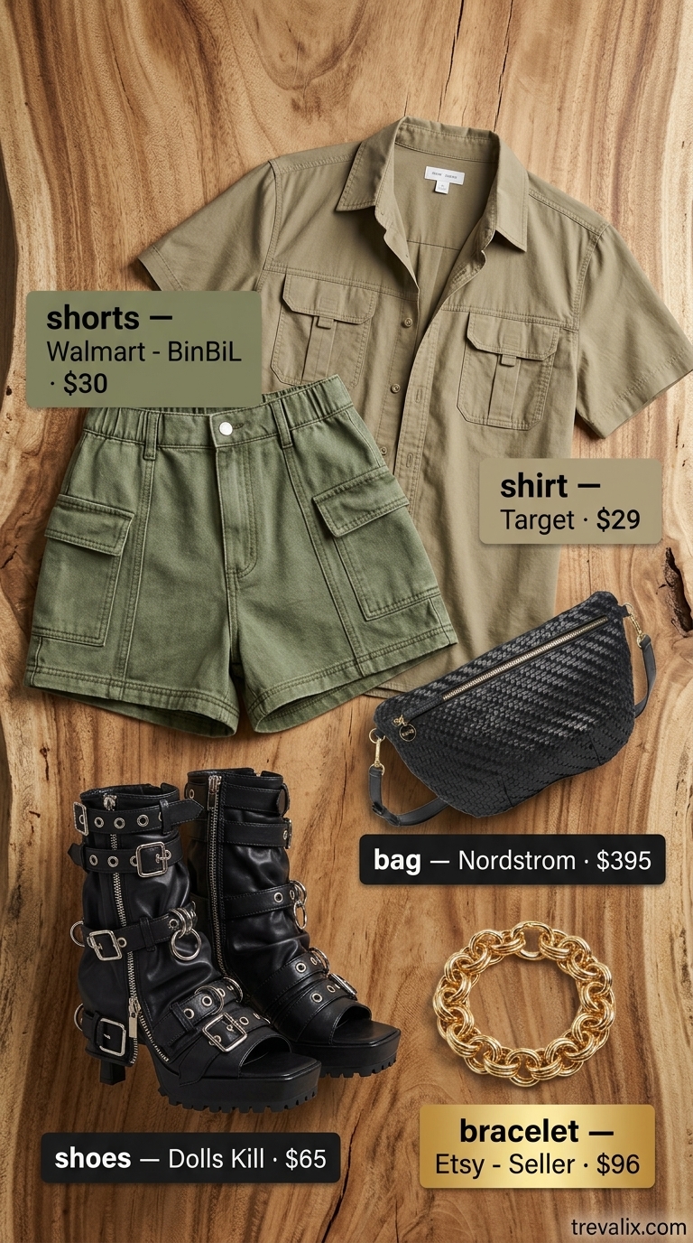 Safari Summer Adventure outfit with olive green denim shorts, khaki utility shirt, and woven belt bag. Trendy summer denim shorts for women 2026.