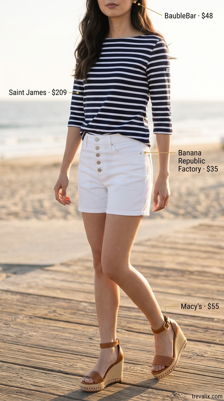 Seaside sophistication outfit: white denim shorts, striped boat-neck top, espadrille wedges, straw crossbody bag.