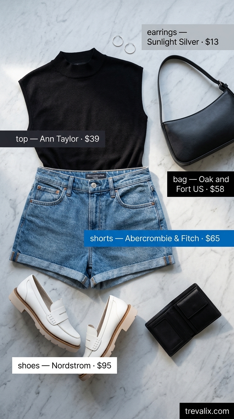 Trendy summer denim shorts for women 2026: Clean-hem denim shorts with mock neck top and loafers for a sleek city day.