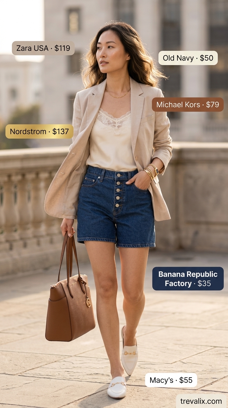 Trendy summer denim shorts for women 2026: Tailored rinse wash denim shorts with blazer for a sophisticated office look.