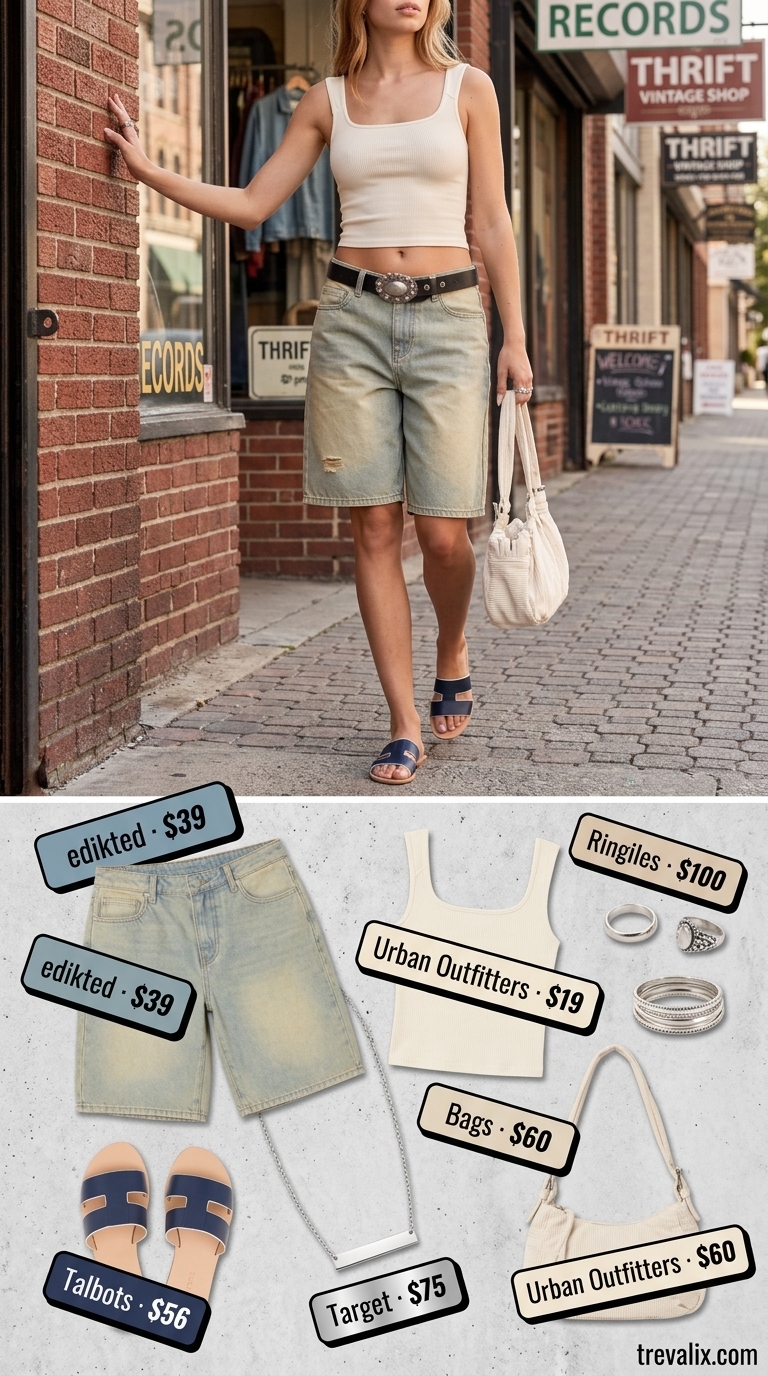 Trendy summer denim shorts for women 2026: Dark wash Bermuda shorts with ribbed tank and leather slides for urban explorer.