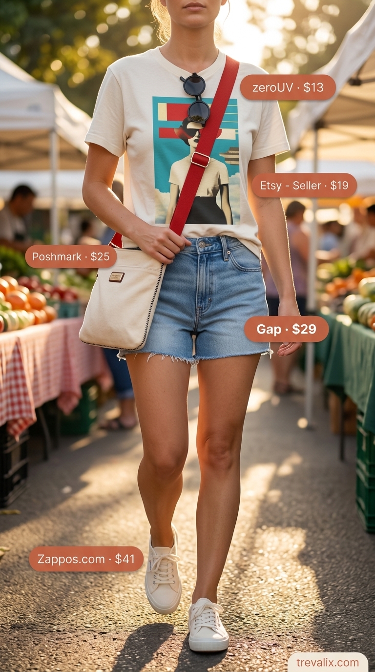 Effortless Weekend Wanderer outfit with mid-wash denim cut-offs, graphic tee, and canvas sneakers. Trendy summer denim shorts for women 2026.