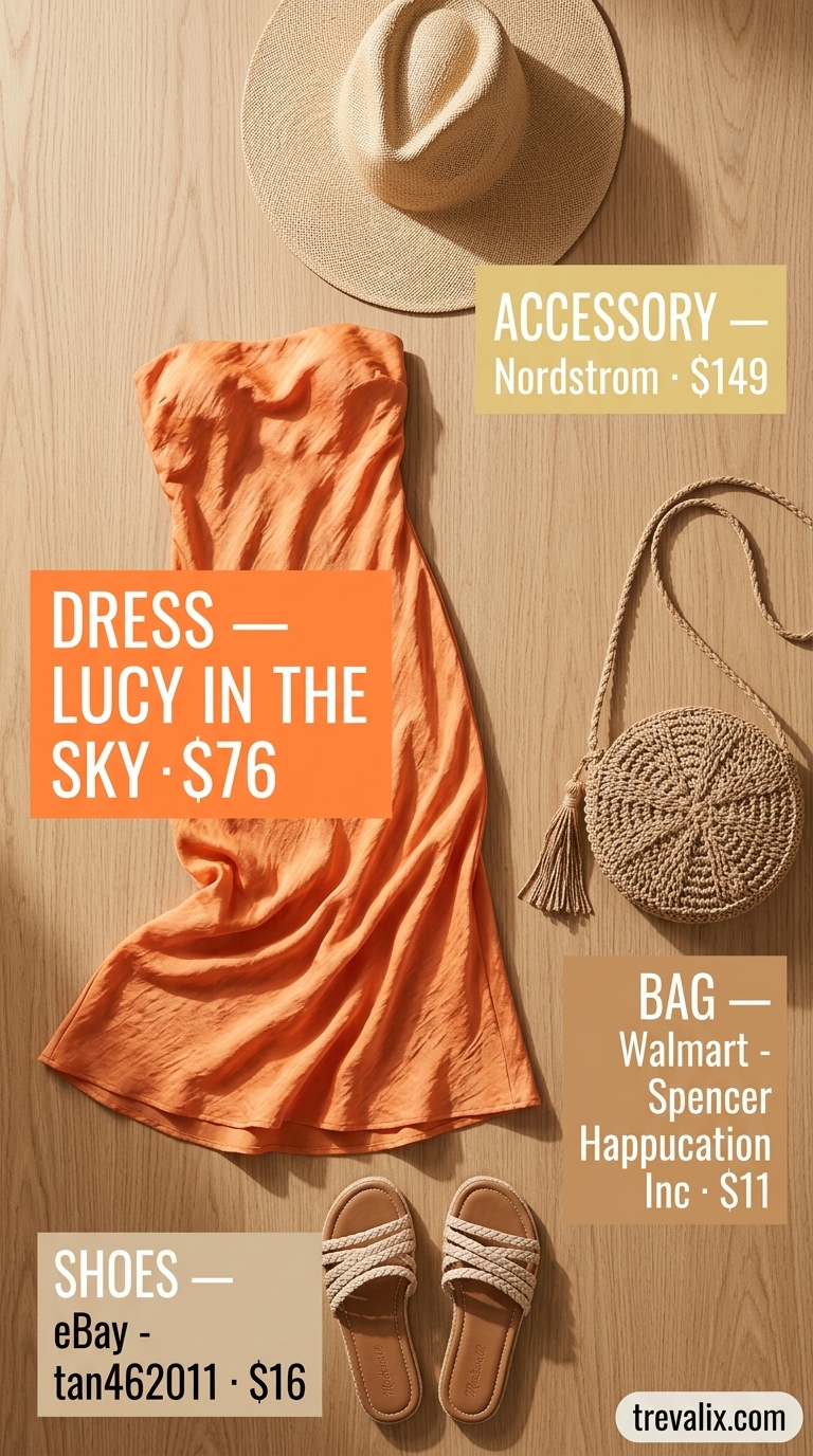 Trendy Summer Going Out Outfits 2026: Boho Maxi Dress Trendy summer going out outfits for women 2026: Apricot crush maxi dress, straw hat, leather slides for a beachfront dinner.