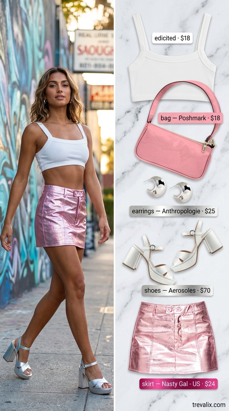 Trendy Summer Going Out Outfits 2026: Pink Skirt Party Look Trendy summer going out outfits for women 2026: Hot pink micro-mini skirt, white crop top, silver platform sandals for a concert.