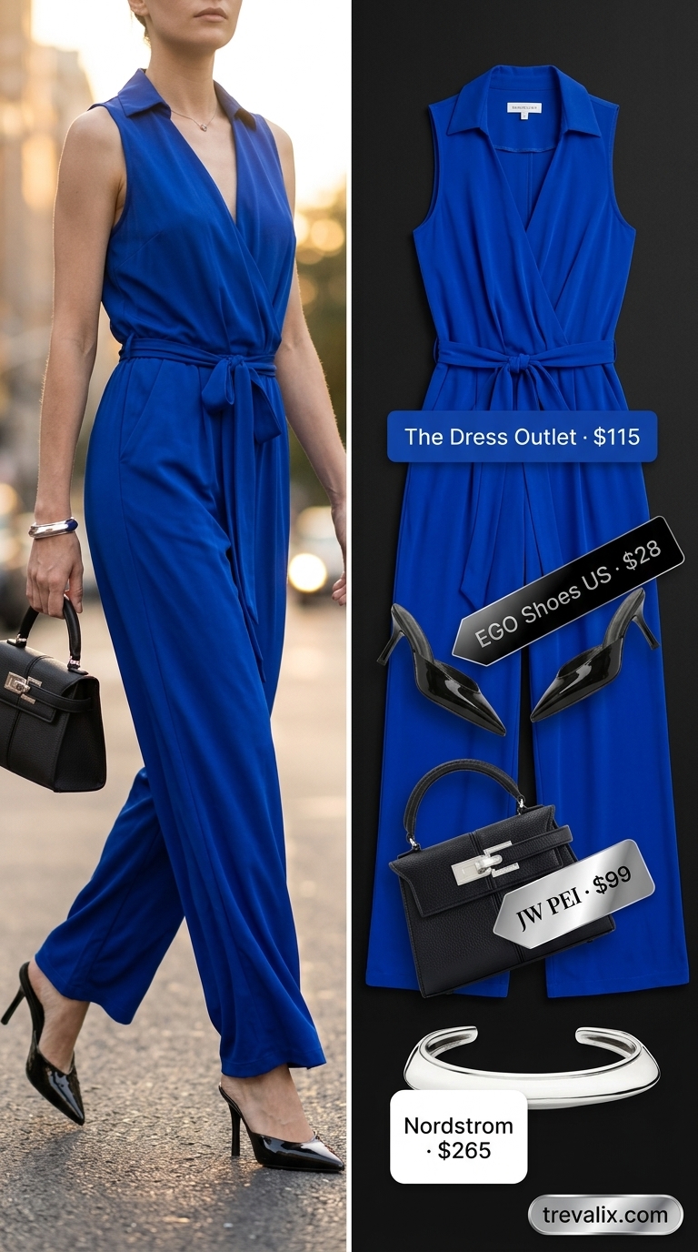 Trendy Summer Going Out Outfits 2026: Bold Blue Jumpsuit Trendy summer going out outfits for women 2026: Cobalt blue wide-leg jumpsuit, black mule heels, silver cuff for a formal dinner.