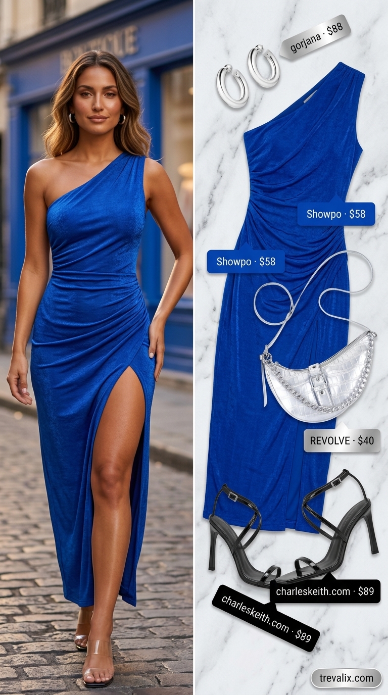 Galactic Cobalt Siren Outfit 2026 Galactic cobalt cut-out midi dress, silver hoops, and black sandals for trendy summer going out outfits for women 2026.