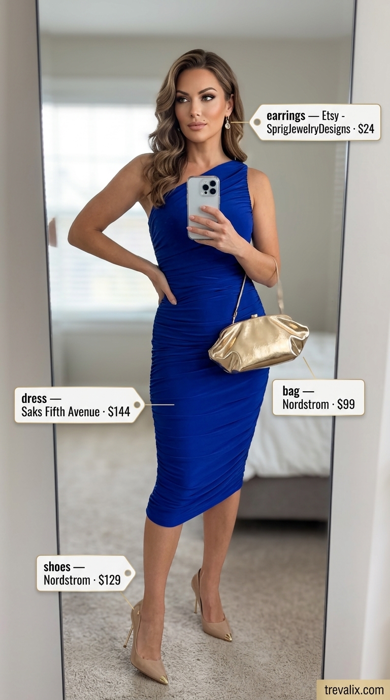 Cobalt Crush Date Night Outfit 2026 Cobalt blue one-shoulder ruched midi dress, nude pumps, and gold clutch for trendy summer going out outfits for women 2026.