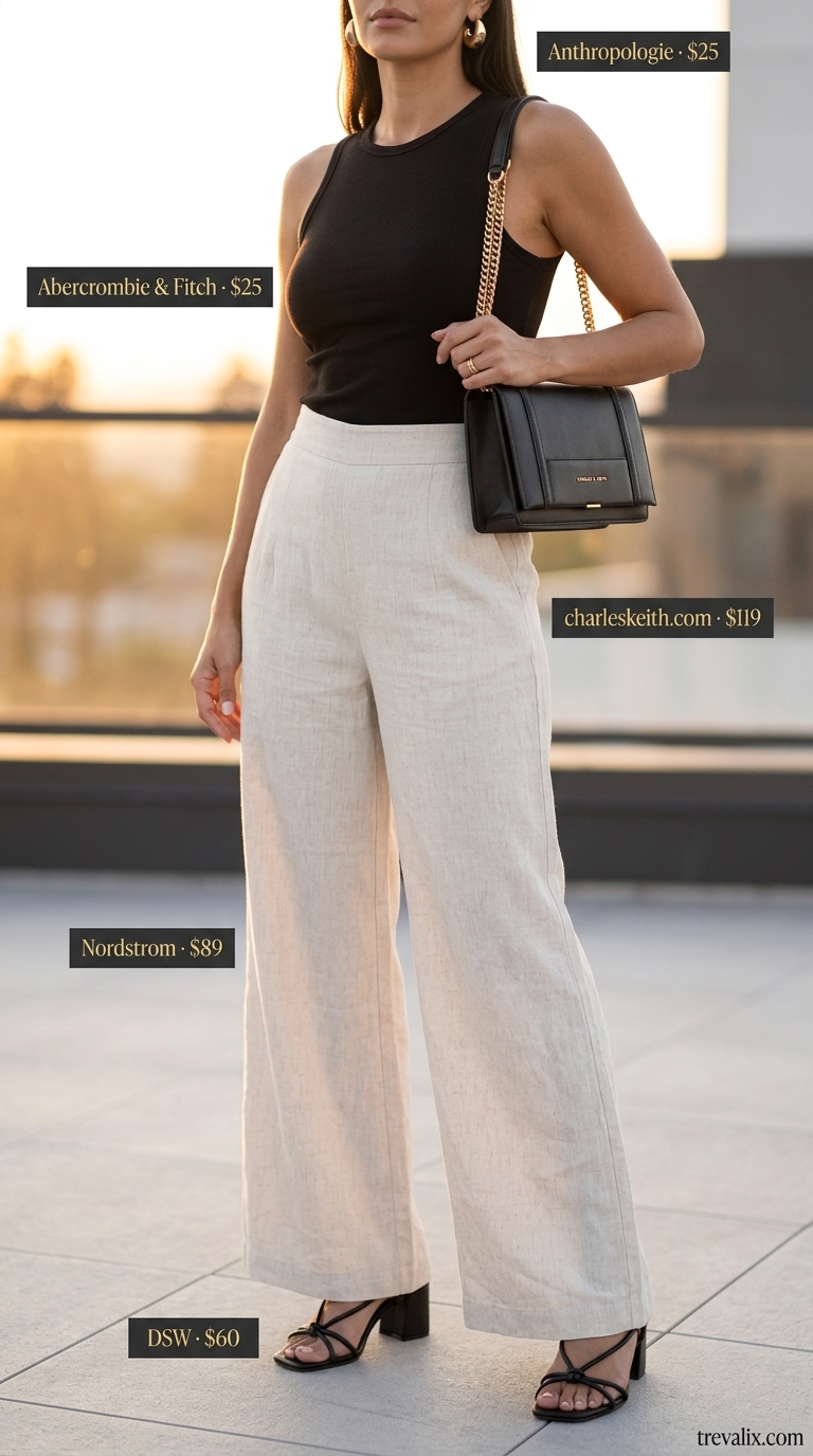 Moonlit Palazzo Dinner Outfit 2026 Cream wide-leg palazzo pants, black knit top, and gold hoops for trendy summer going out outfits for women 2026.