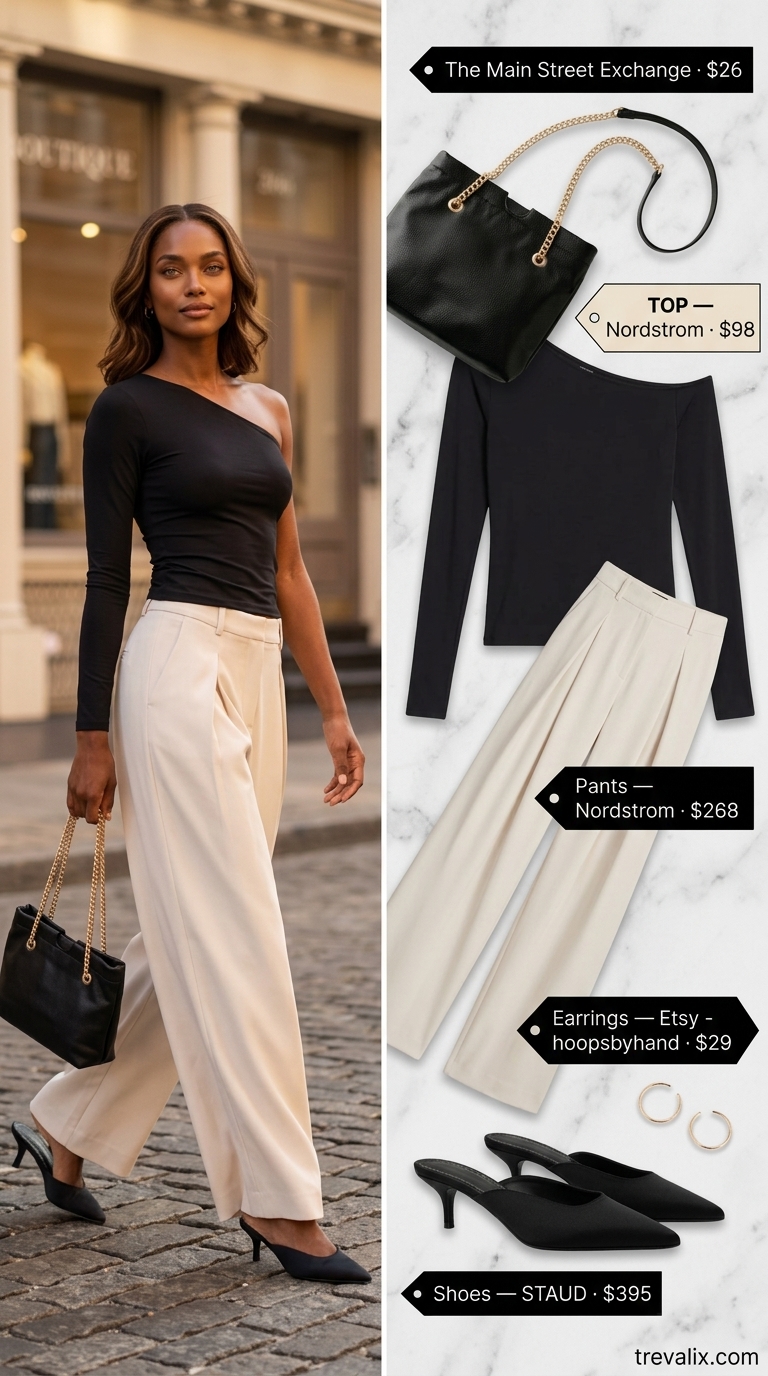 Trendy Summer Going Out Outfits 2026: Sleek City Dinner Trendy summer going out outfits for women 2026: Cream wide-leg trousers, one-shoulder top, gold earrings for an upscale dinner.