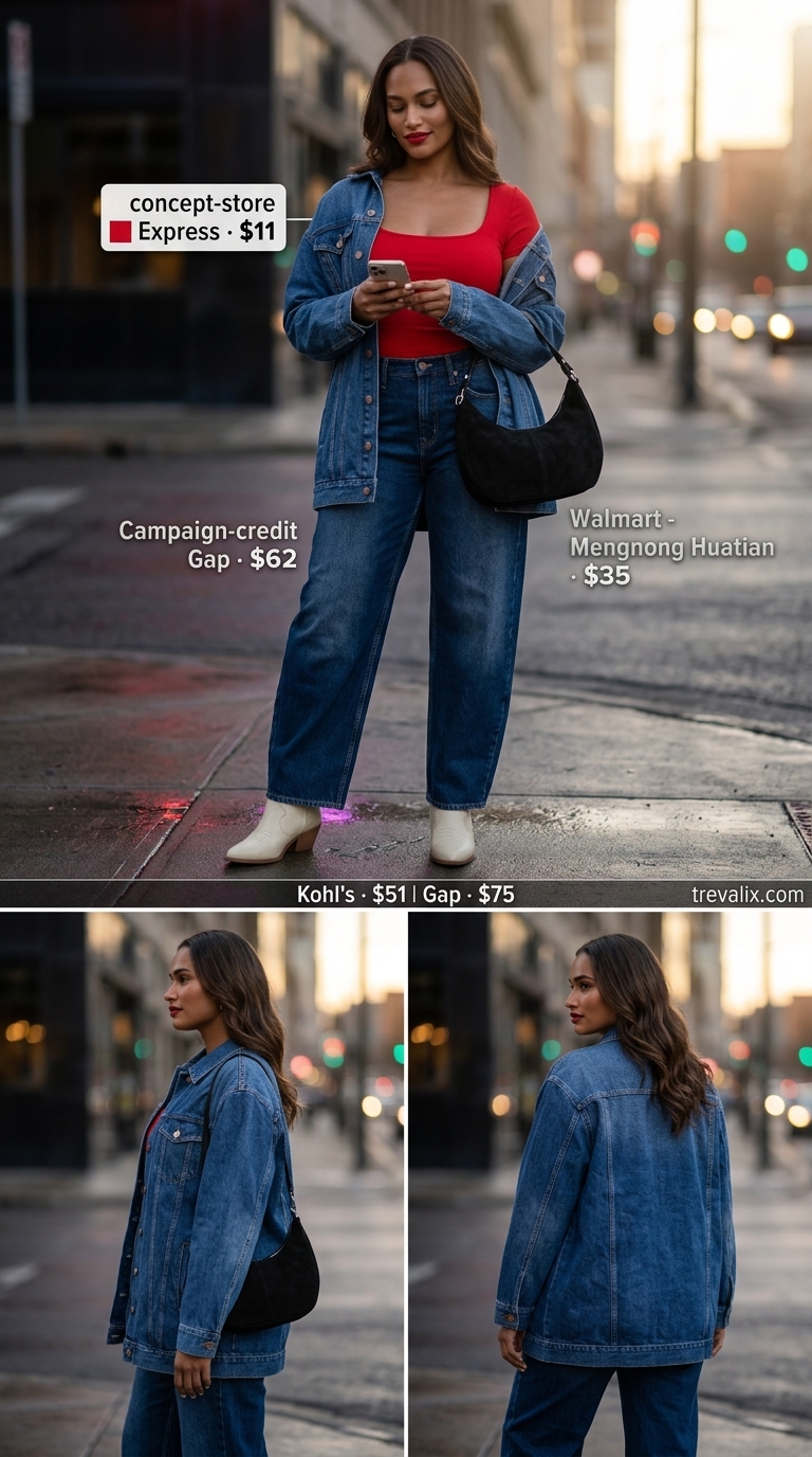 Trendy Summer Going Out Outfits 2026: Vintage Rocker Jeans Trendy summer going out outfits for women 2026: Dark wash jeans, red crop top, denim jacket for a casual date night.