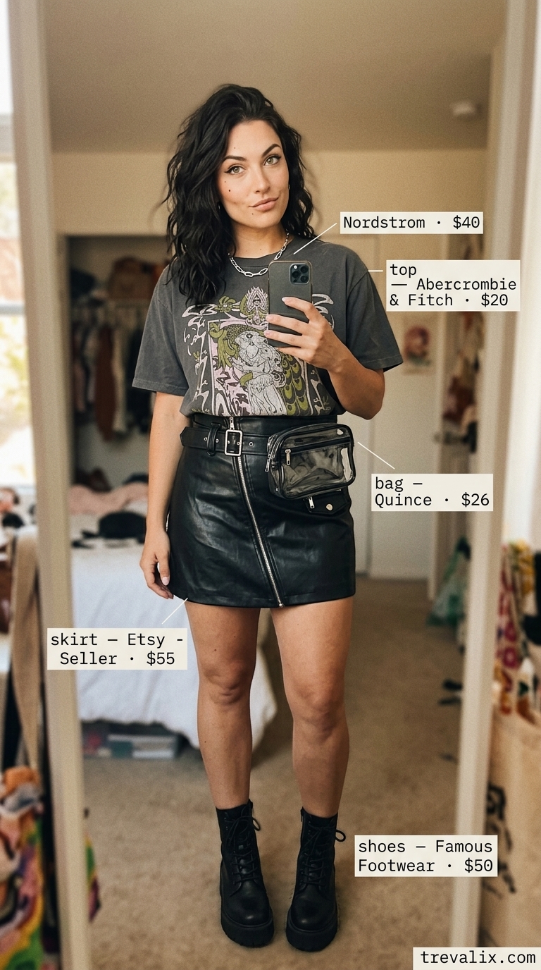 Edgy Arcade Night Outfit 2026 Graphic tee, A-line mini skirt, combat boots, and belt bag for trendy summer going out outfits for women 2026.