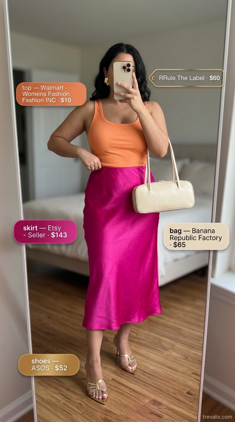 Vibrant Rooftop Rendezvous Outfit 2026 Fuchsia pleated midi skirt, orange knit camisole, and gold mules for trendy summer going out outfits for women 2026.