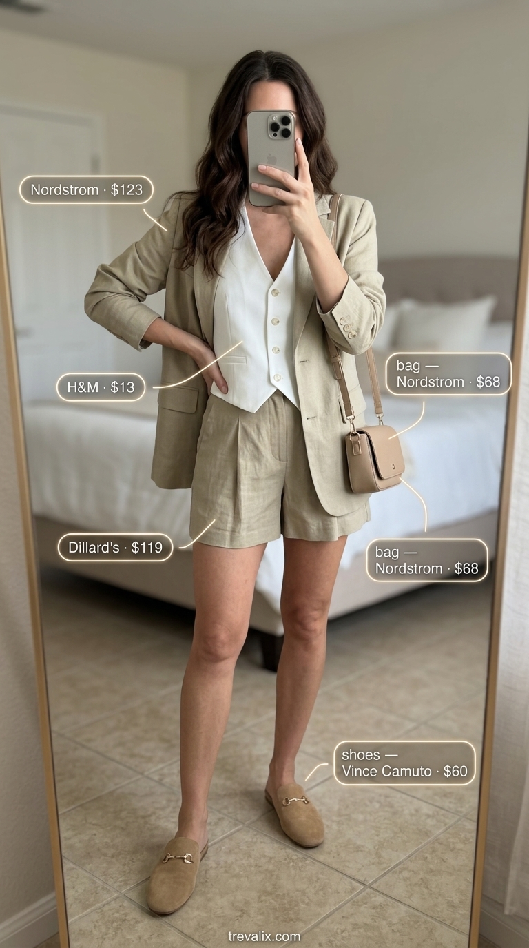 Terrace Bar Tailored Chic Outfit 2026 Linen blazer, tailored shorts, white vest, and mules for trendy summer going out outfits for women 2026.
