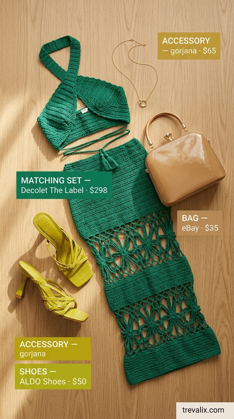 Trendy Summer Going Out Outfits 2026: Matcha Crochet Set Trendy summer going out outfits for women 2026: Matcha green crochet matching set, butter yellow mules for an art exhibition.