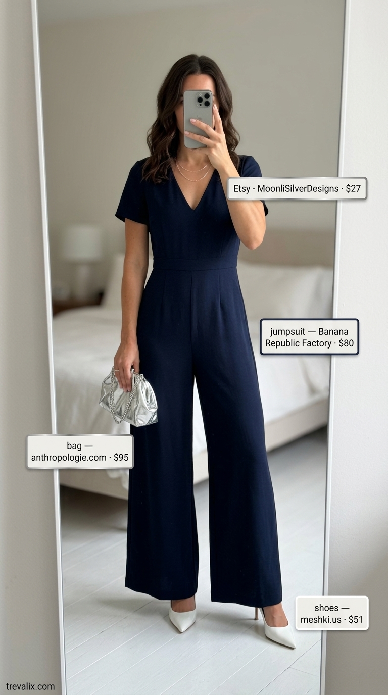Navy Nights Lounge Outfit 2026 Navy wide-leg jumpsuit, ivory slingbacks, and silver clutch for trendy summer going out outfits for women 2026.