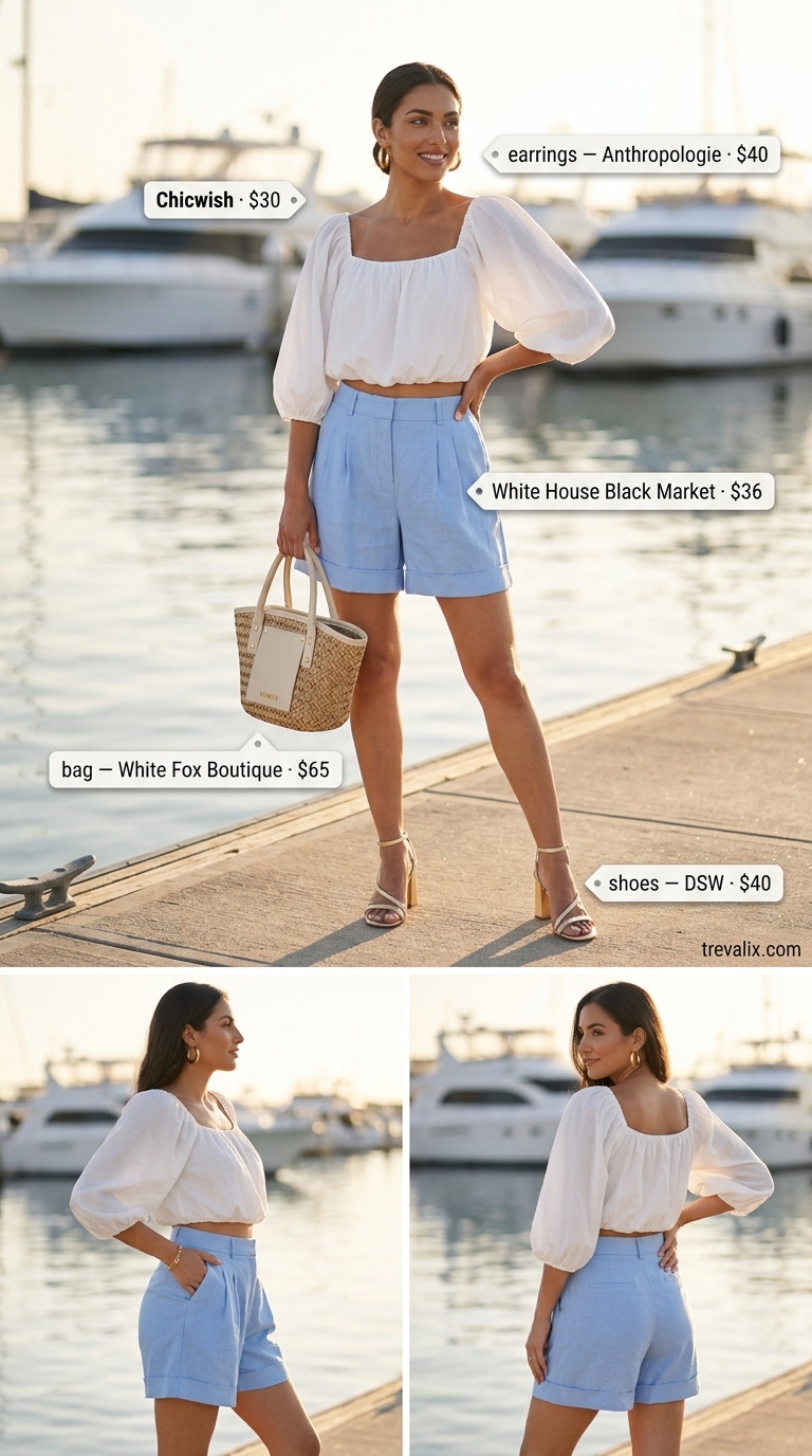 Trendy Summer Going Out Outfits 2026: Riviera Evening Chic Trendy summer going out outfits for women 2026: Elemental blue linen shorts, white puff-sleeve top, gold sandals for a resort evening.