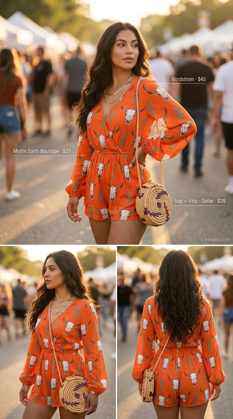 Trendy Summer Going Out Outfits 2026: Tropical Romper Fun Trendy summer going out outfits for women 2026: Sunset orange/teal romper, espadrilles, straw bag for a daytime party.