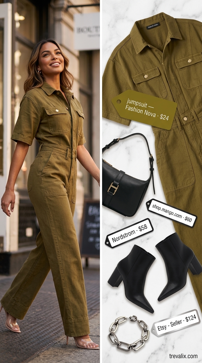 Trendy Summer Going Out Outfits 2026: Urban Jumpsuit Edge Trendy summer going out outfits for women 2026: Olive utility jumpsuit, black ankle boots, silver chain for a live music venue.