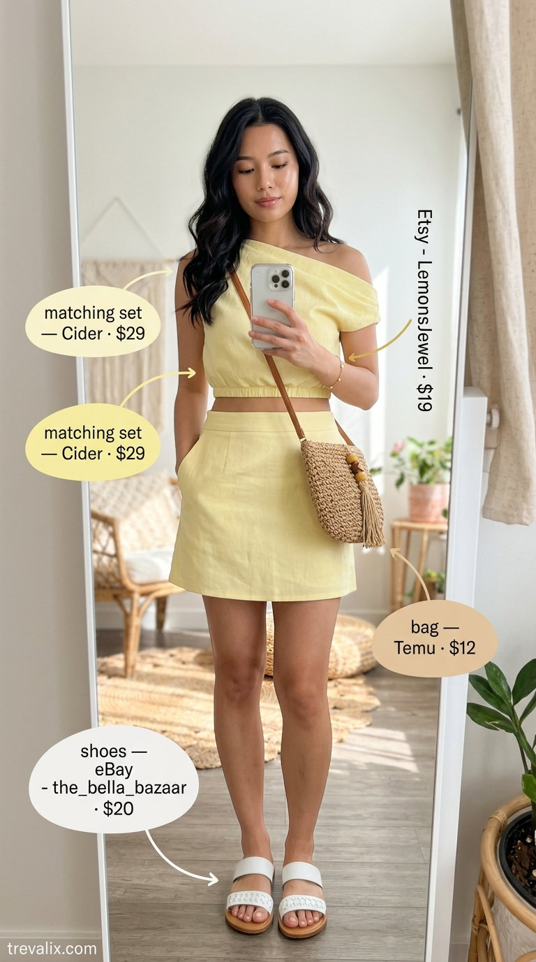 Lemon Drop Patio Party Outfit 2026 Pastel yellow linen crop top and mini skirt set, white sandals, and straw bag for trendy summer going out outfits for women 2026.