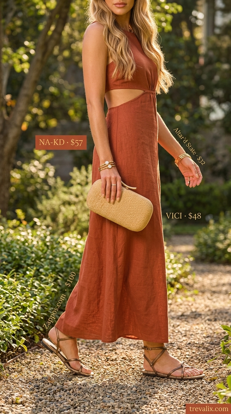 Trendy Summer Going Out Outfits 2026: Bohemian Dream Trendy summer going out outfits for women 2026: Terracotta maxi dress, gold bangles, and bronze sandals for a bohemian event.