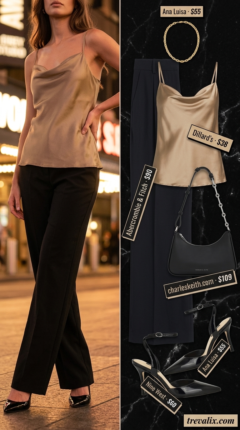 Trendy Summer Going Out Outfits 2026: City Sophistication Trendy summer going out outfits for women 2026: Black wide-leg trousers, cream camisole, and black heels for city dinner.