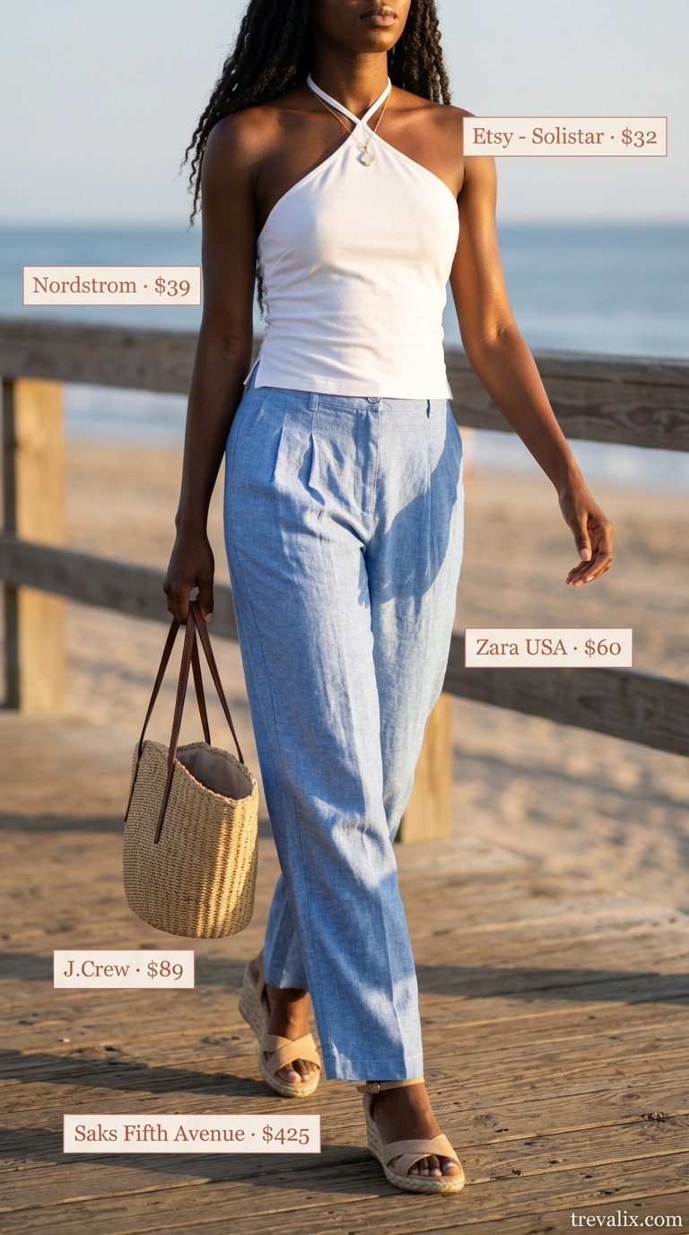 Trendy Summer Going Out Outfits 2026: Coastal Chic Trendy summer going out outfits for women 2026: Sky blue linen pants, white knit top, and espadrille wedges for coastal evenings.