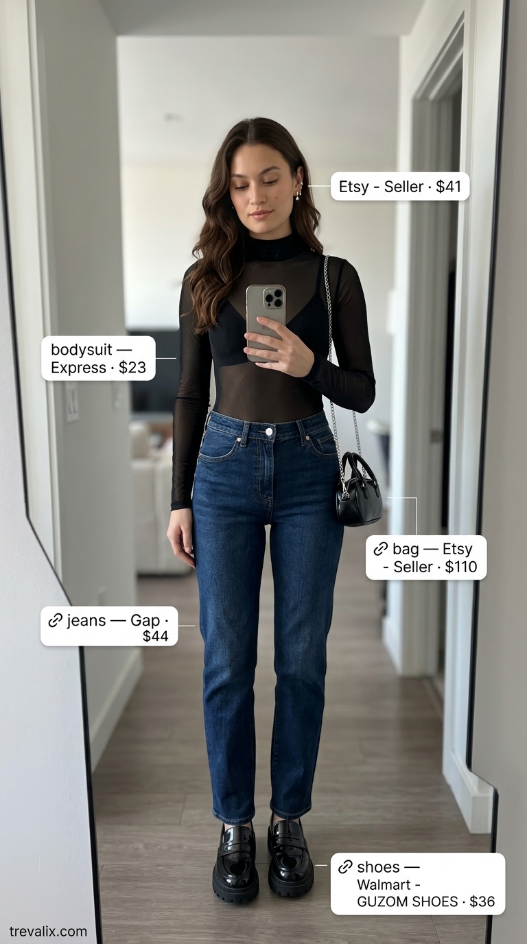 Trendy Summer Going Out Outfits 2026: Concert Cool Trendy summer going out outfits for women 2026: Edgy black mesh top, dark denim jeans, and platform loafers for a concert.