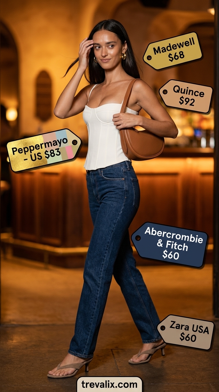 Trendy Summer Going Out Outfits 2026: Date Night Chic Trendy summer going out outfits for women 2026: Ivory corset top, dark denim jeans, and tan sandals for a date night.