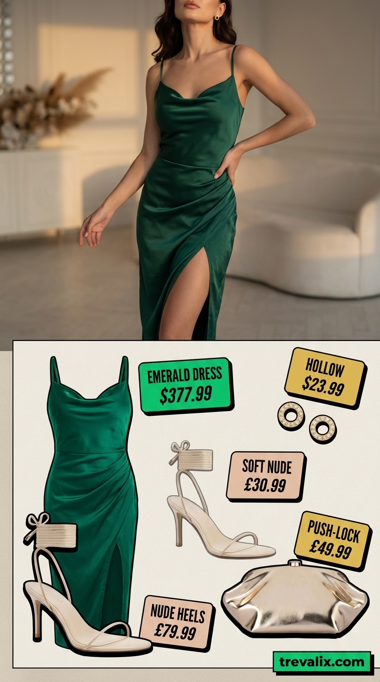 Trendy Summer Going Out Outfits 2026: Emerald Glamour Trendy summer going out outfits for women 2026: Emerald green satin slip dress, gold accessories, and nude heels for a date night.