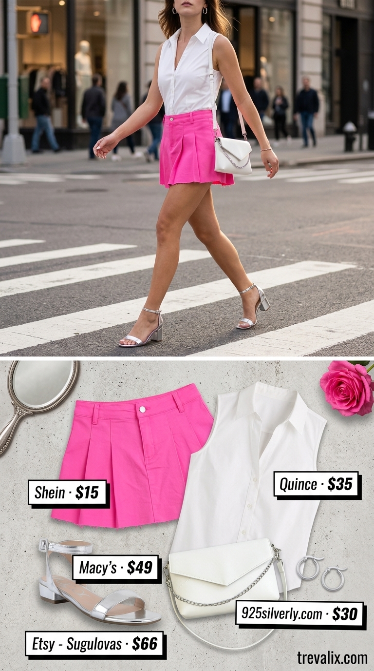 Trendy Summer Going Out Outfits 2026: Pink Party Princess Trendy summer going out outfits for women 2026: Hot pink mini skirt, white button-down, and silver sandals for a girls' night out.