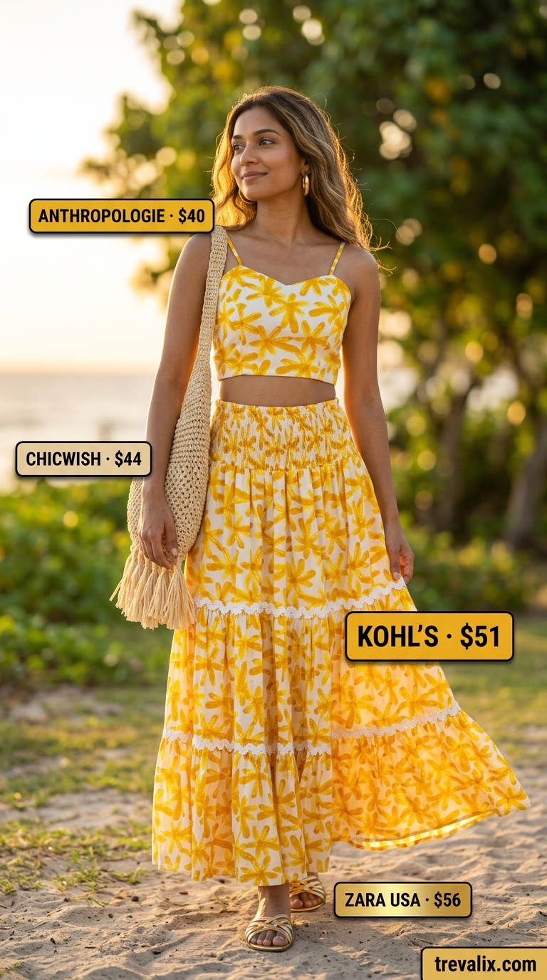 Trendy Summer Going Out Outfits 2026: Tropical Party Set Trendy summer going out outfits for women 2026: Orange floral matching set, gold earrings, and raffia bag for tropical party.